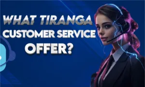 A woman showcasing the tiranga customer service offers to people.