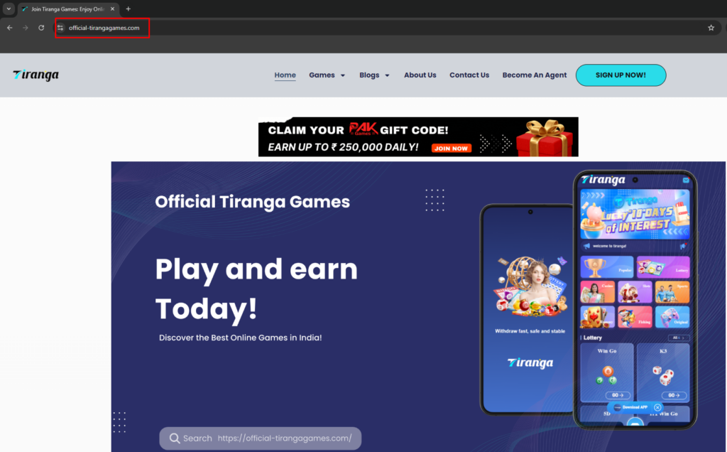 A picture showing the official website of Tiranga Games.