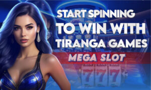 A picture of a woman showing what is available in the Tiranga Game Mega Slot.