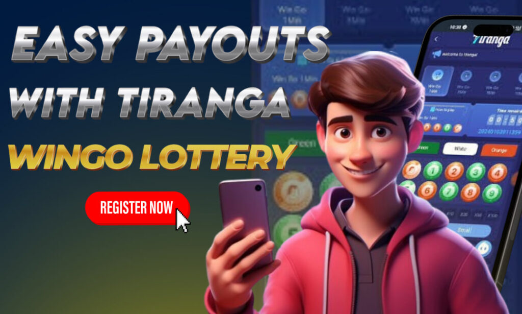 A picture of a man holding a cellphone, showing the Wingo Lottery from Tiranga Games.