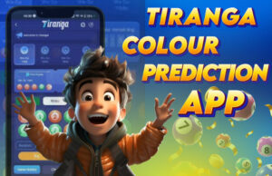 A picture of a happy boy holding a phone showing the Tiranga Colour Prediction App.